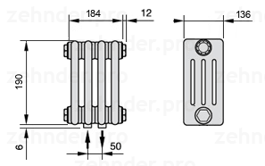 Схема (чертеж) Радиатор Zehnder Charleston 4019/4 №3470 Белый глянцевый RAL 9016